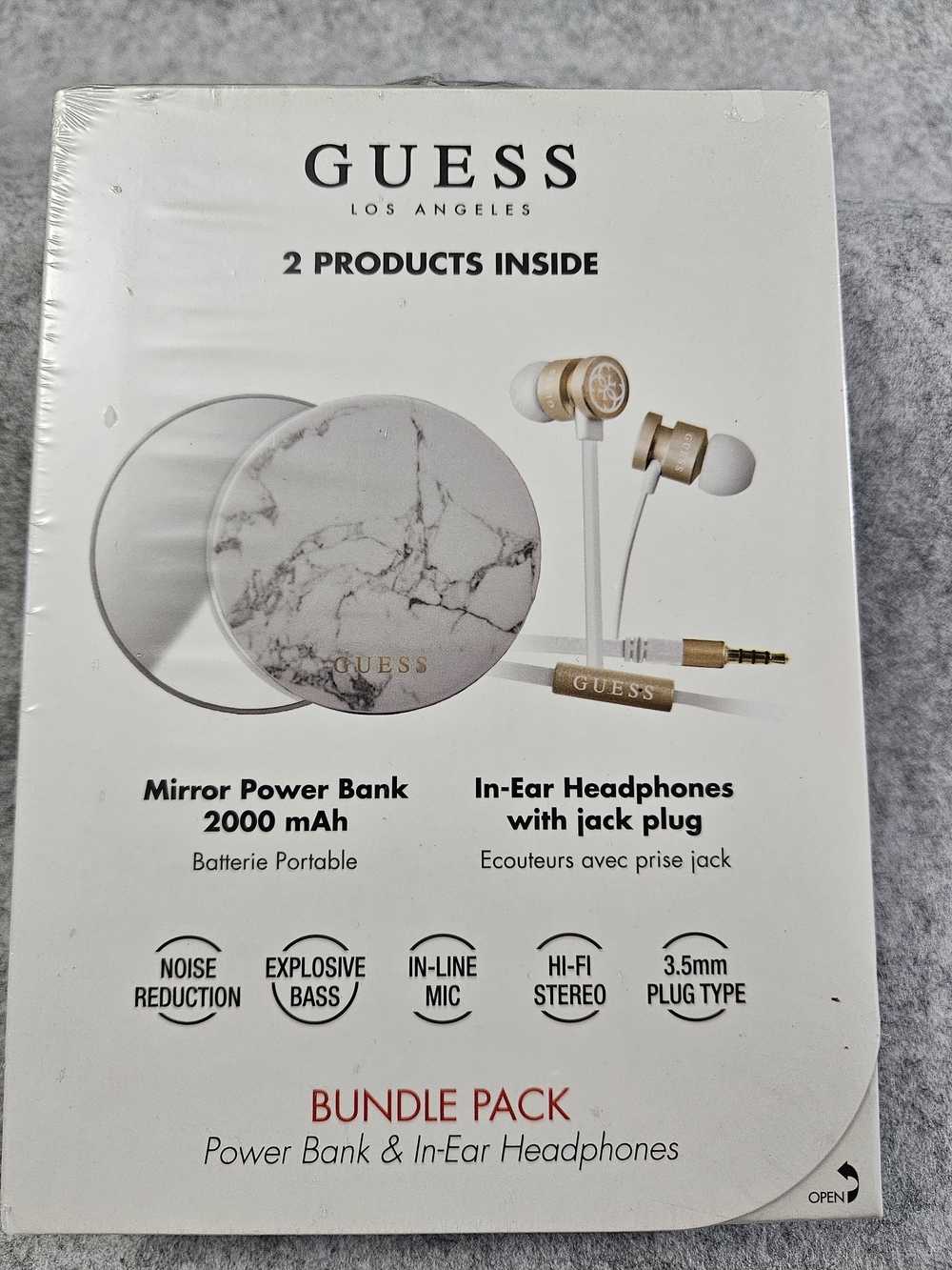 GUESS White Marble Mirror Power Bank with Gold-Trim In-Ear Headphones